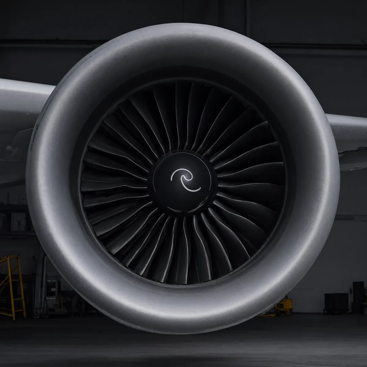 Head-on view of a high-bypass turbofan intake, fan blades and nacelle chevrons visible.