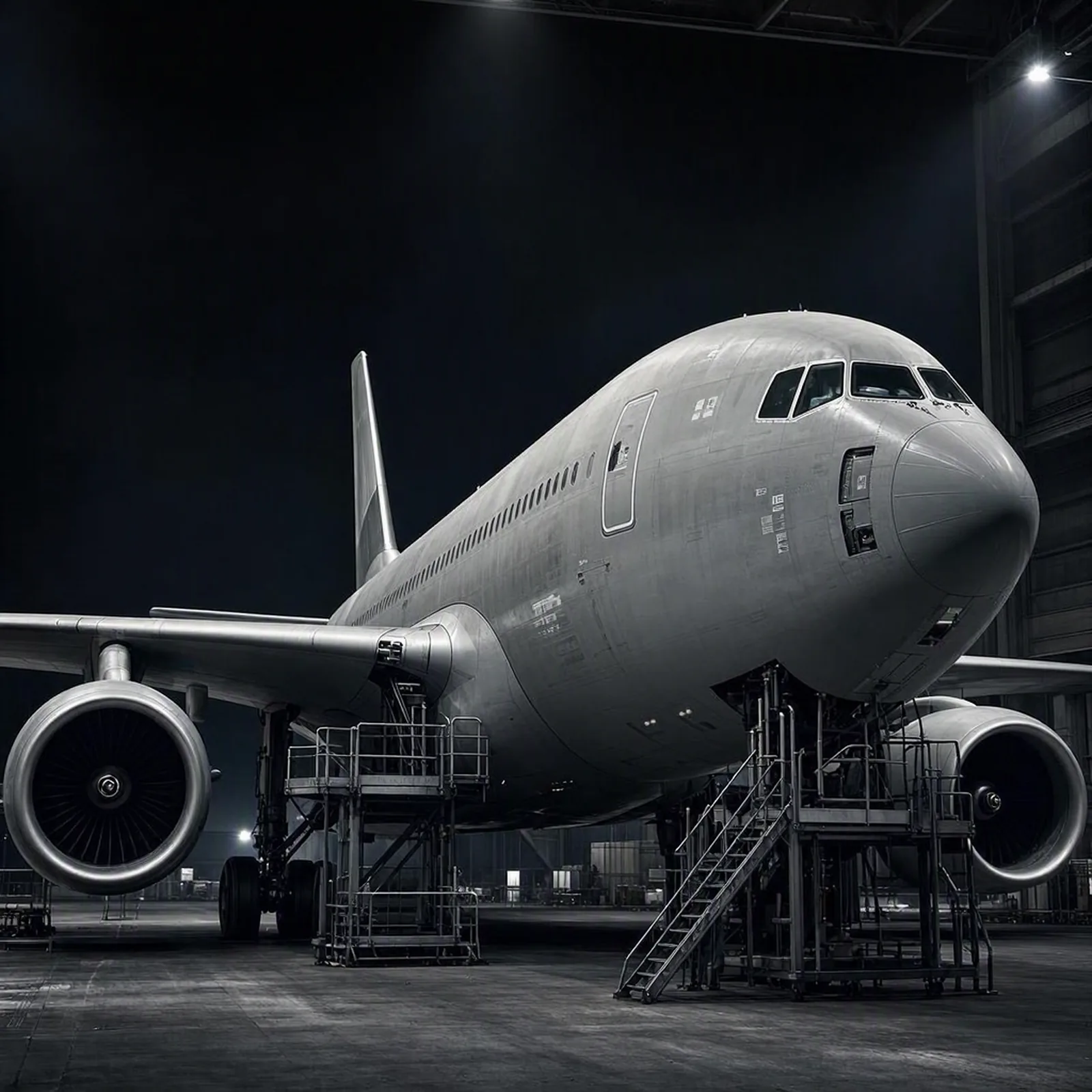 A wide-body airliner in bare primer on maintenance stands inside a hangar at night.