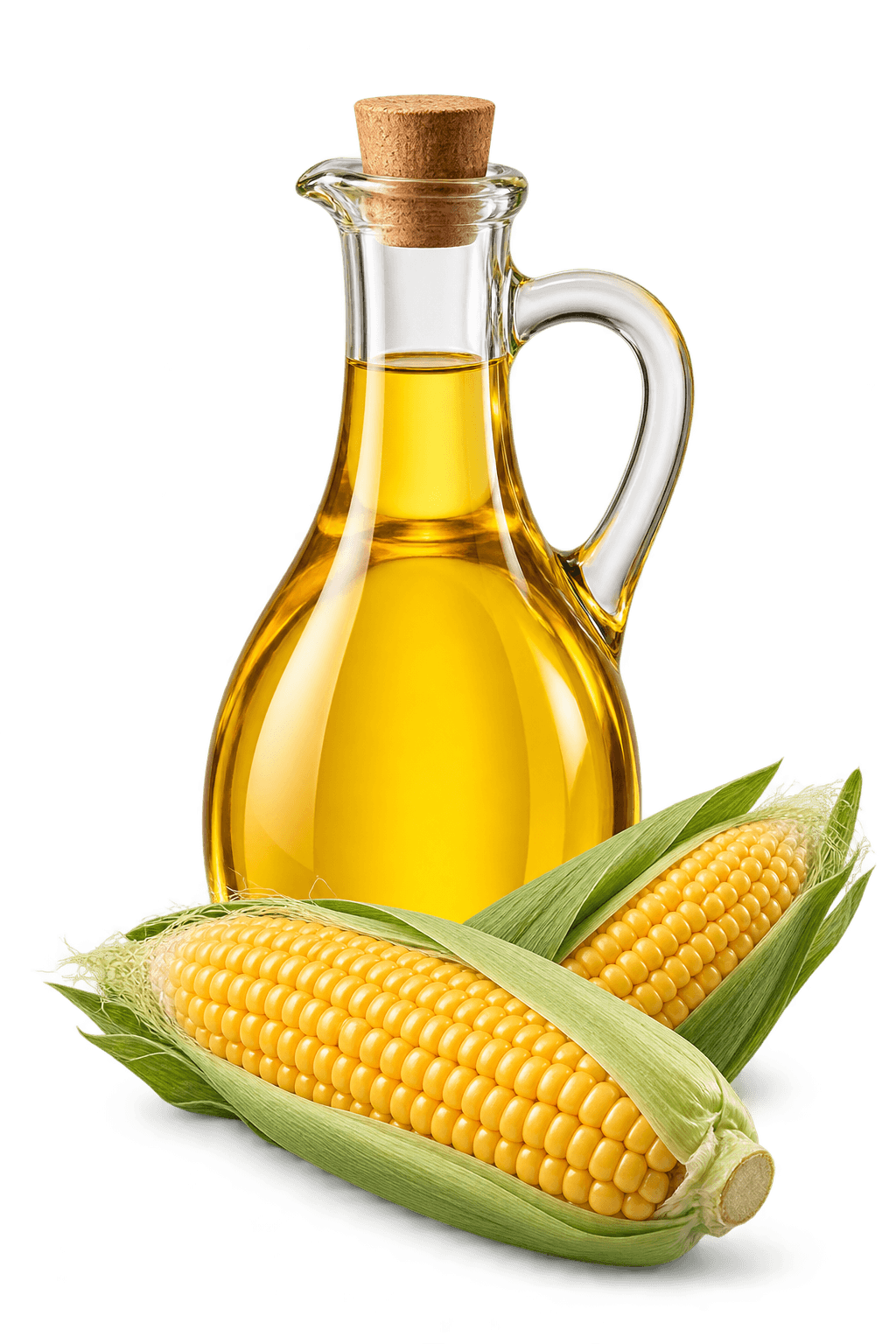 Illustration of golden corn oil in a glass cruet with fresh corn cobs