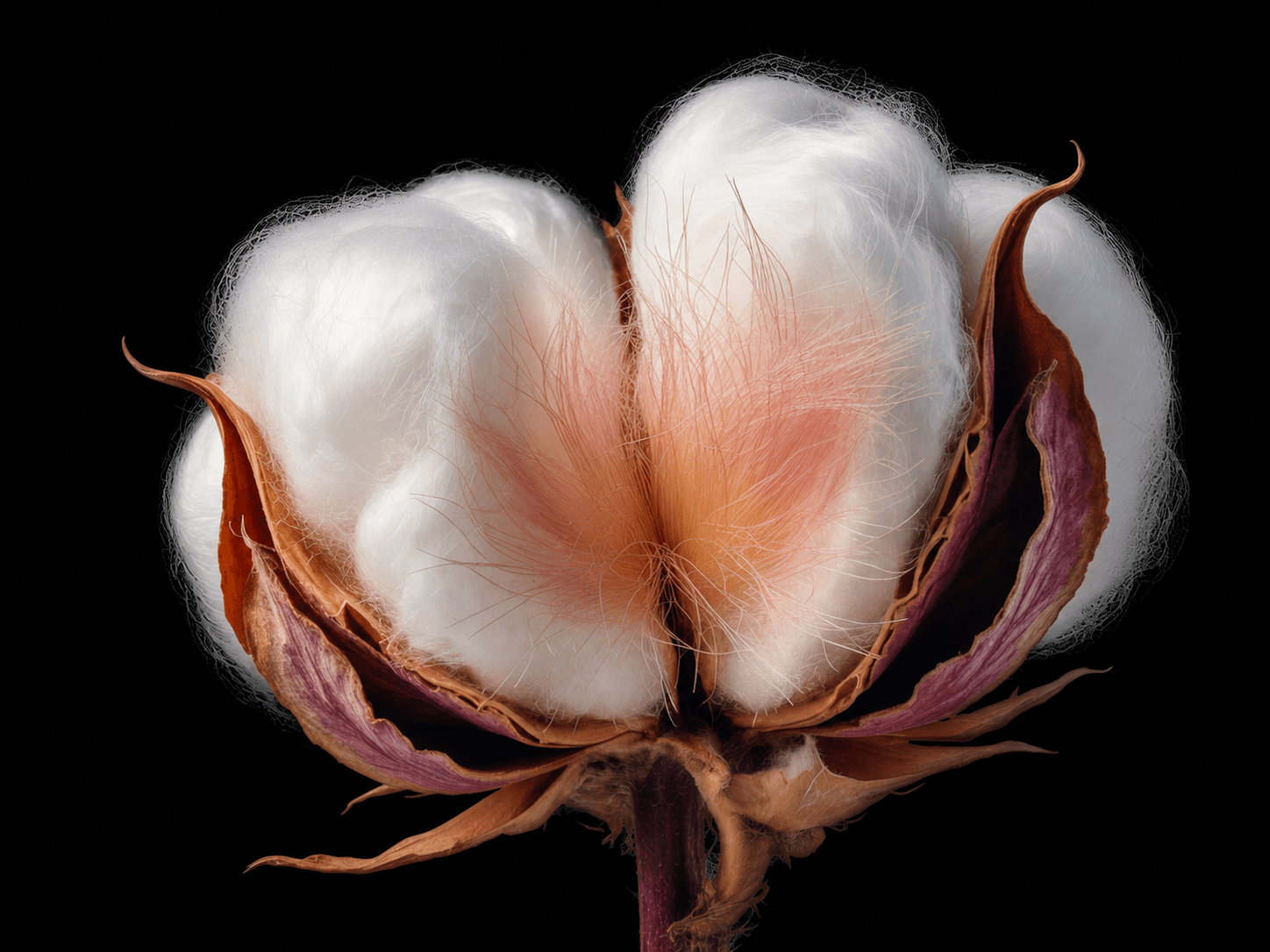 Cotton boll and its fibres against a black background