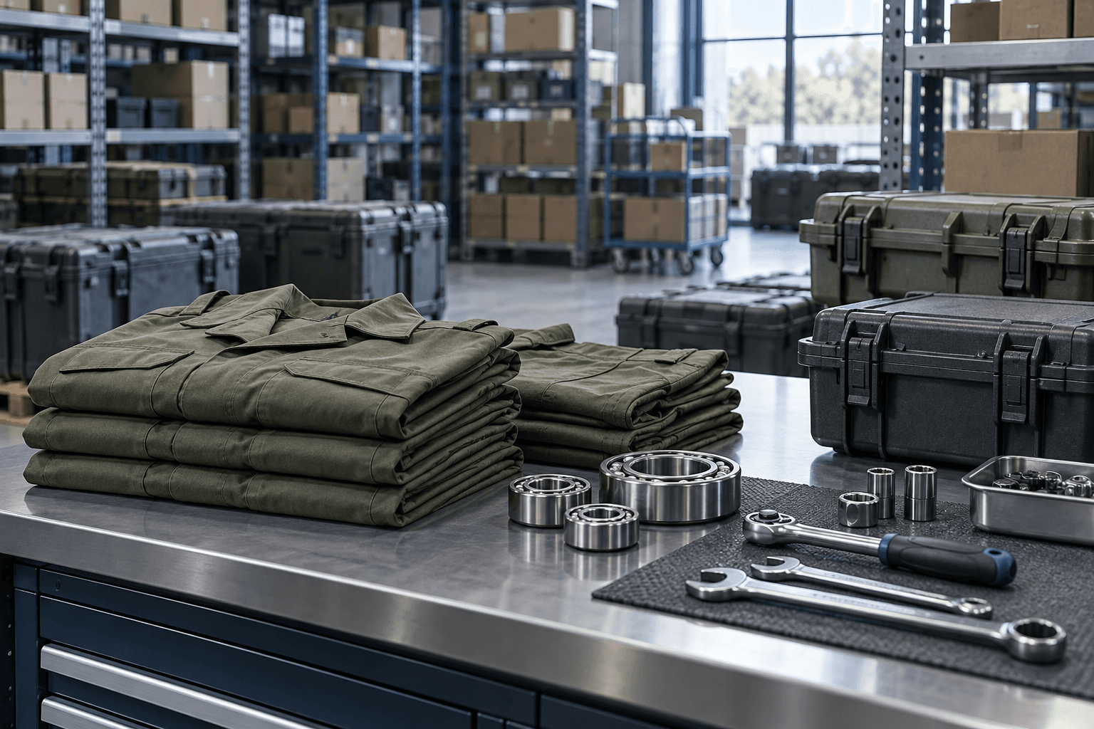 AI-generated illustration of uniforms, transport cases and engineering tools in an organized supply warehouse
