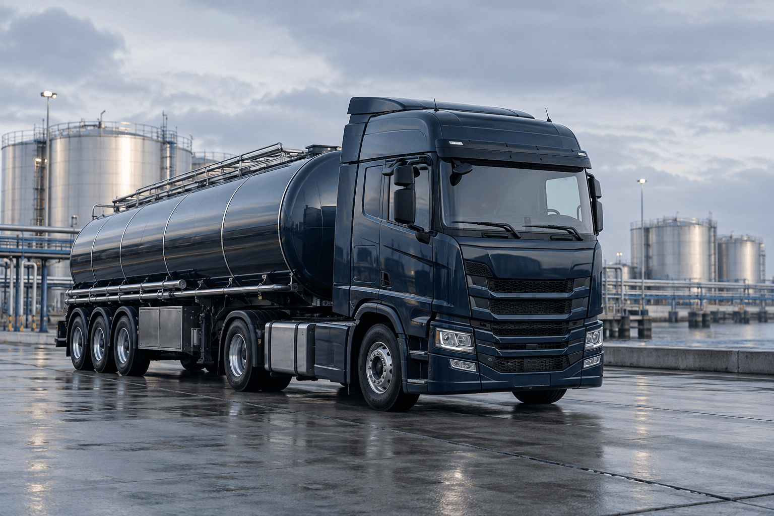 Illustrative tanker truck at an energy terminal