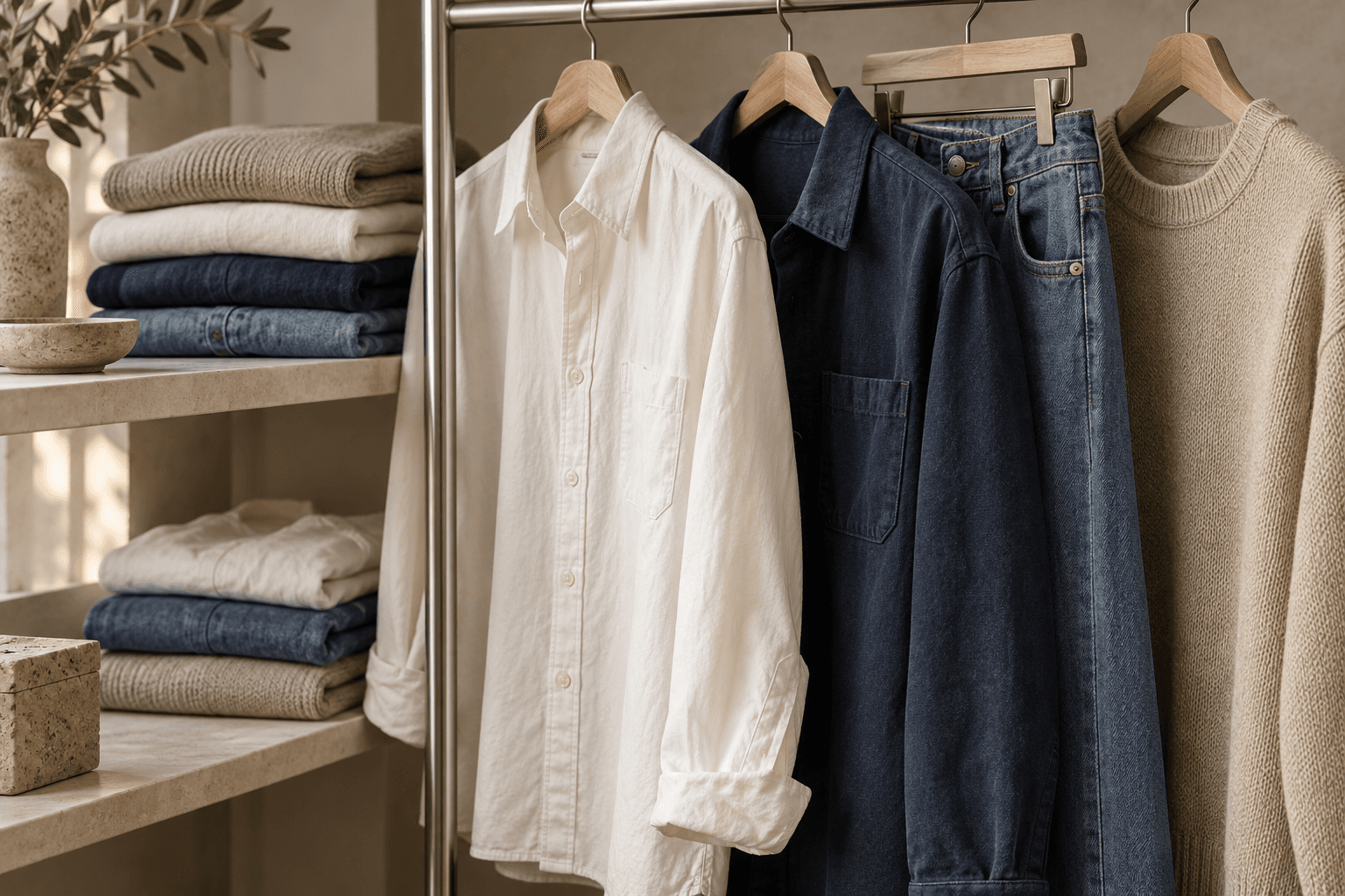 Illustrative collection of cotton shirts, denim and neutral knitwear