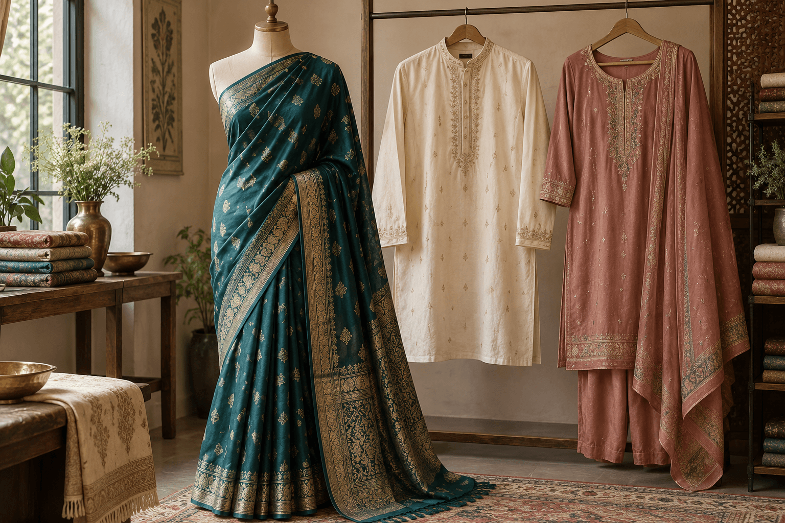 Illustrative South Asian finery: teal sari, embroidered ivory panjabi and rose salwar kameez