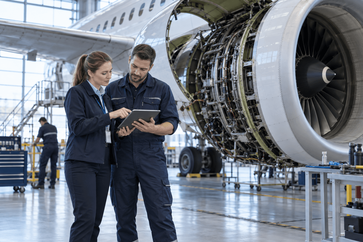 AI-generated image of airline and MRO professionals reviewing maintenance work beside a jet engine
