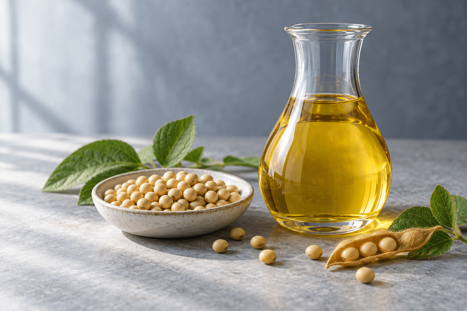 Illustrative still life of soybean oil, soybeans and leaves